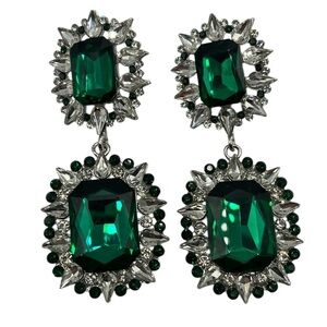 Chunky Art Deco Style Drop Silver Earrings Clear and Emerald Toned Crystals